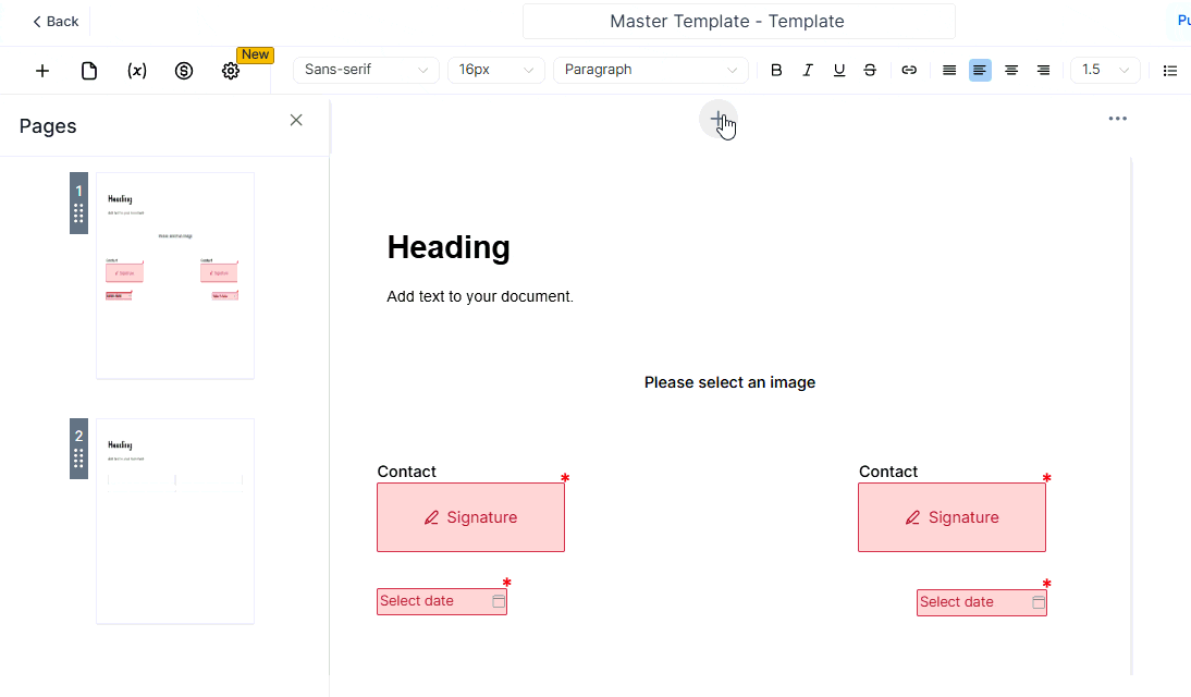 Growth360 Documents and Contracts Builder - Interactive element configuration in the document builder