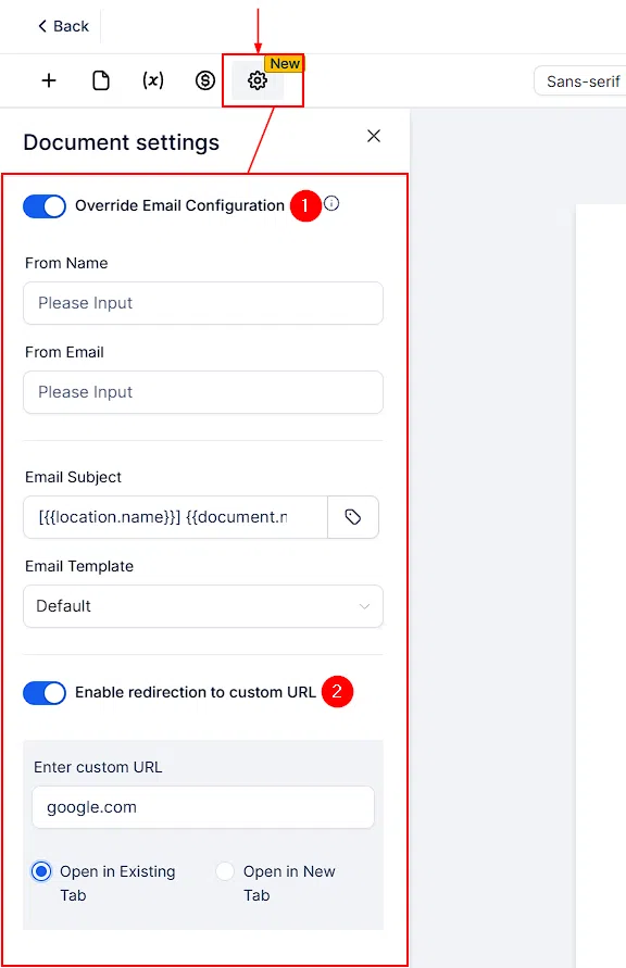 Growth360 Documents and Contracts Builder - Custom Values placeholder insertion panel