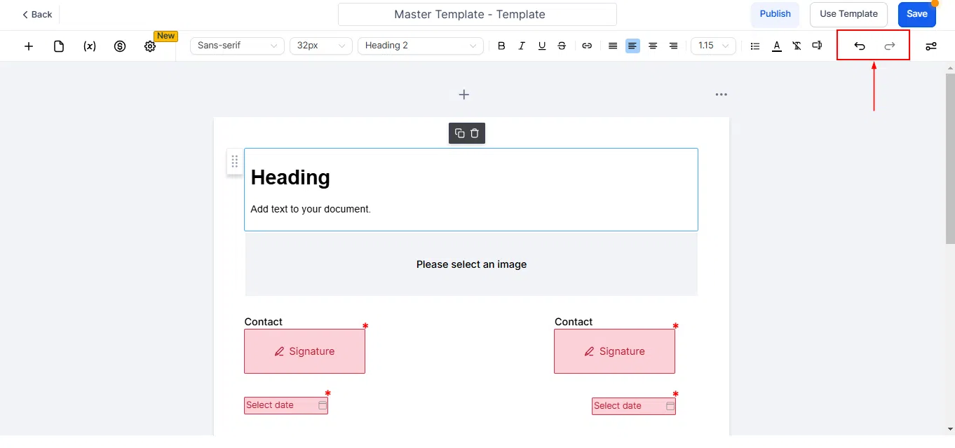 Growth360 Documents and Contracts Builder - Document template being edited in builder view