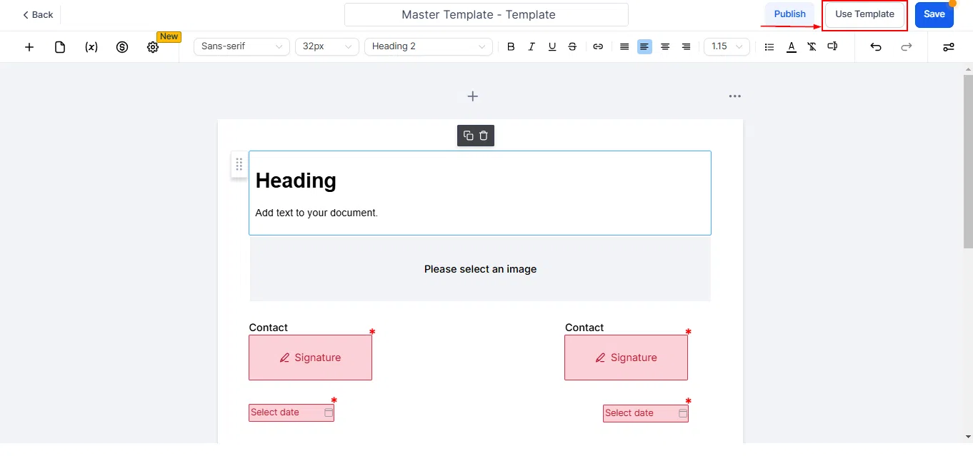 Growth360 Documents and Contracts Builder - Builder interface with element panel open