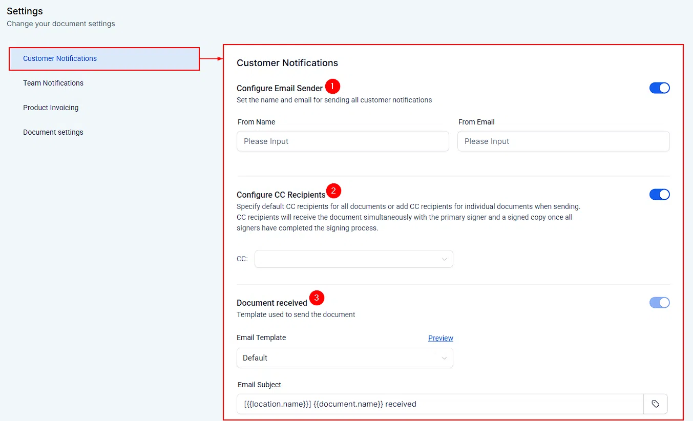 Growth360 Documents and Contracts Settings - Customer notification email settings