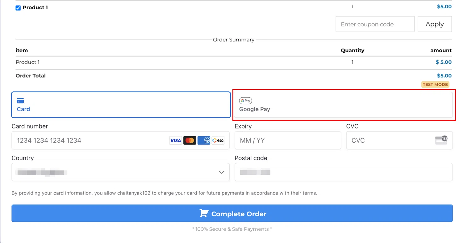 Growth360 Payment Integrations - Google Pay button appearing on an order form