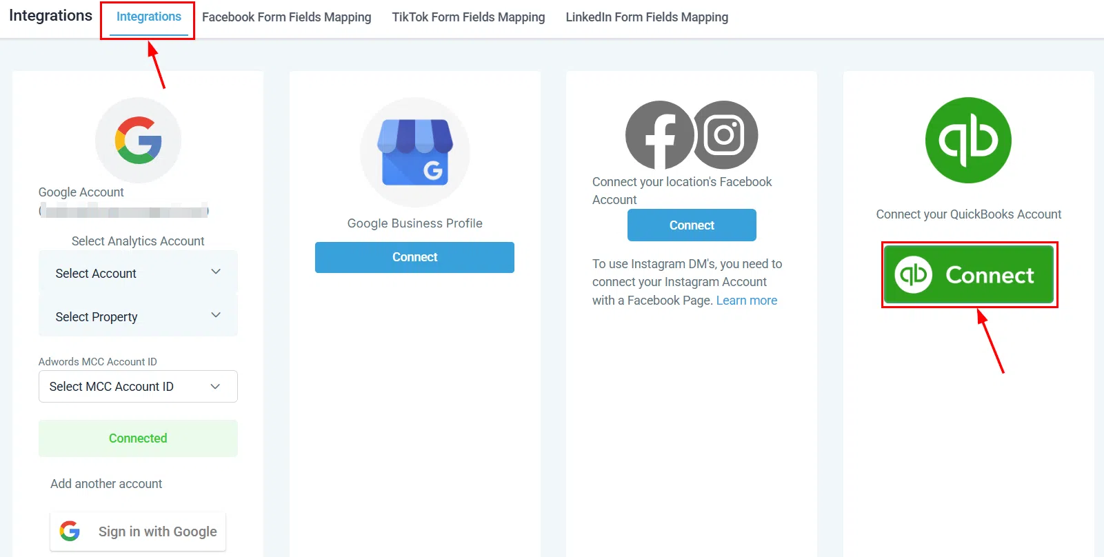 Growth360 QuickBooks Integration - QB Connect button in Settings Integrations