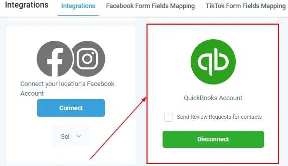 Growth360 QuickBooks Integration - Integrations tab showing QuickBooks connected status