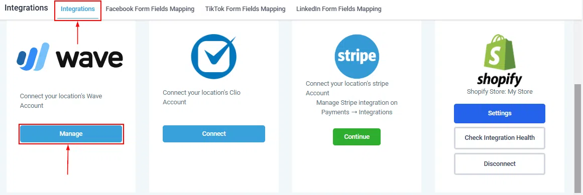 Growth360 Wave Integration - Wave option in Settings Integrations with Manage button