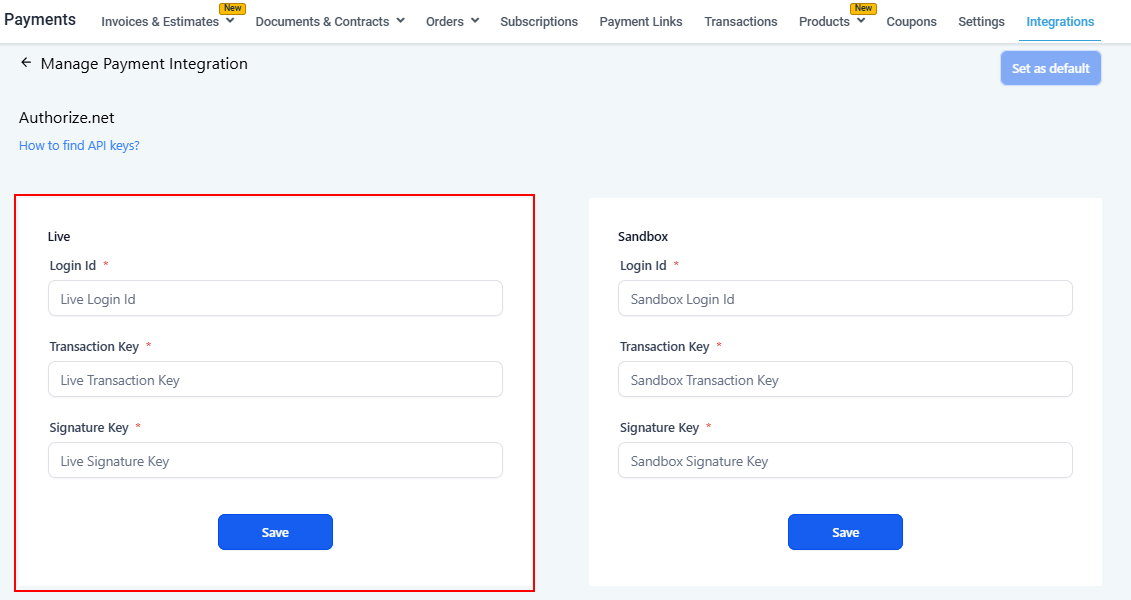Growth360 Payment Integrations - Authorize.Net API key fields