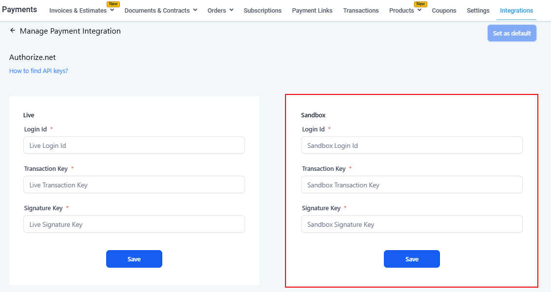 Growth360 Payment Integrations - Authorize.Net live credentials