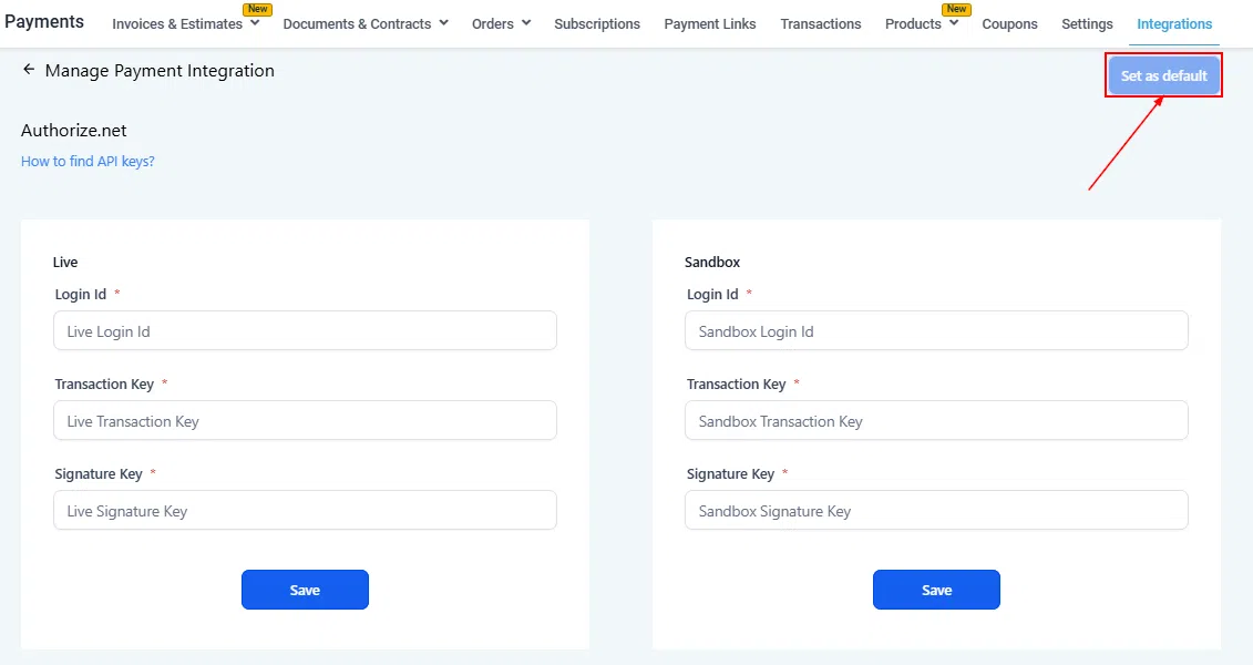 Growth360 Payment Integrations - Authorize.Net sandbox credentials