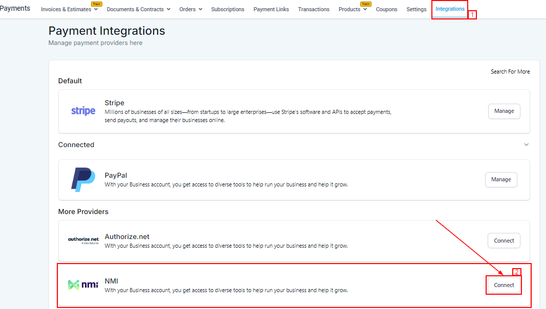 Growth360 Payment Integrations - NMI section