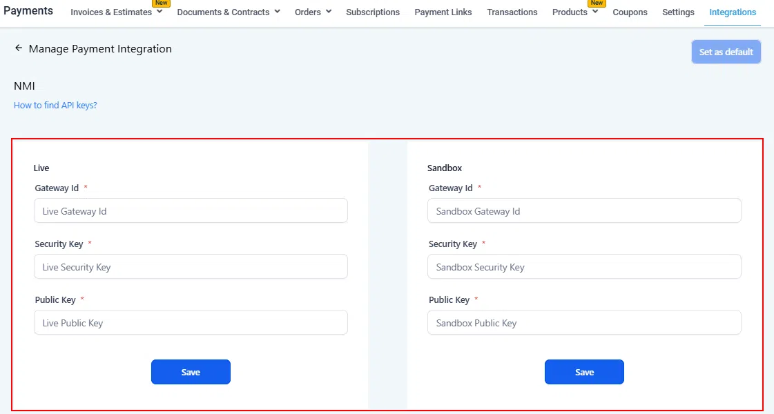 Growth360 Payment Integrations - NMI credentials fields