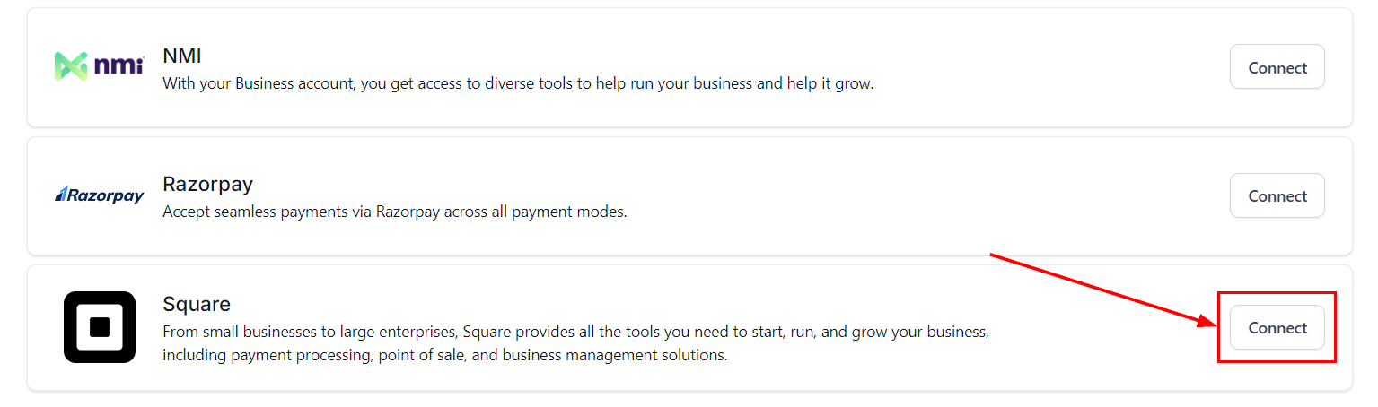 Growth360 Payment Integrations - Square connect button