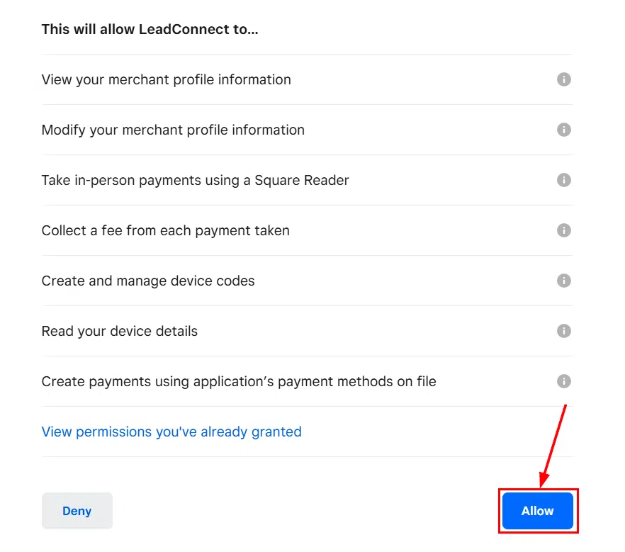 Growth360 Payment Integrations - Square allow access