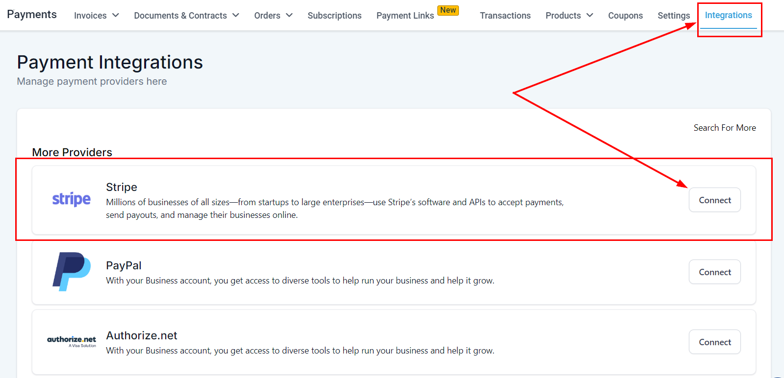 Growth360 Payment Integrations - payment integrations page with Stripe