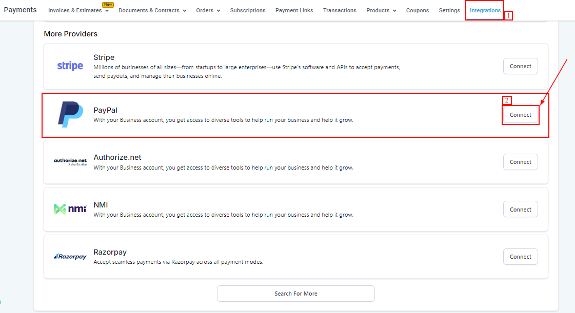 Growth360 Payment Integrations - PayPal connection section