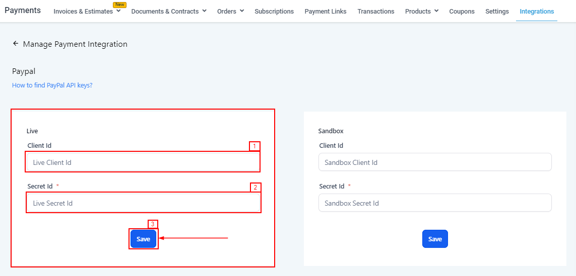 Growth360 Payment Integrations - PayPal credentials entry