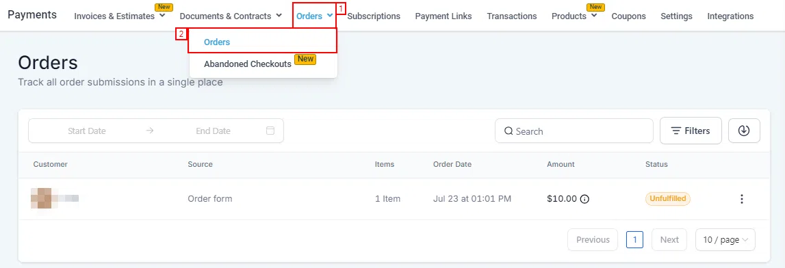 Growth360 Orders - orders list with actions menu