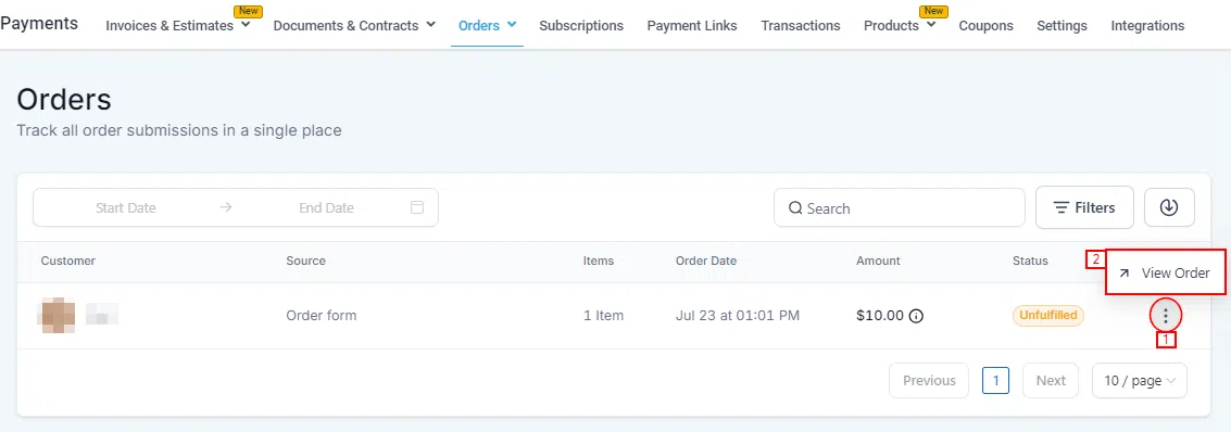Growth360 Orders - view order option