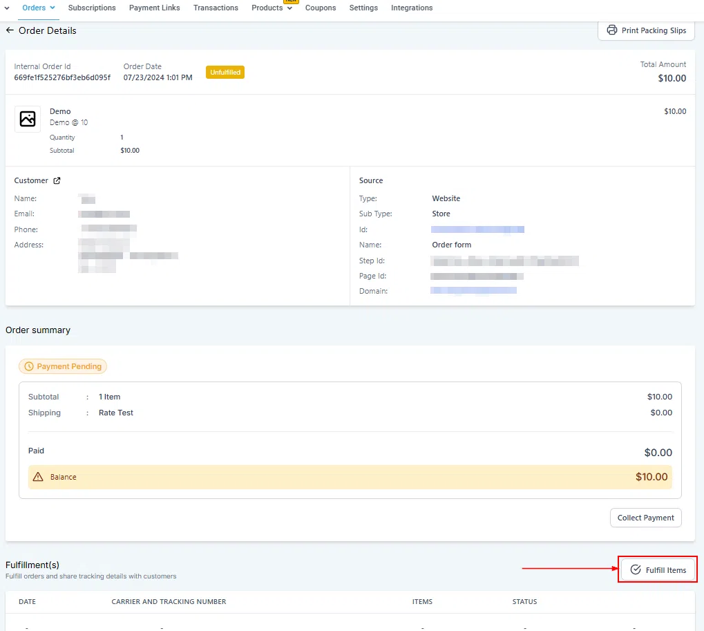 Growth360 Orders - order detail page with fulfill items button