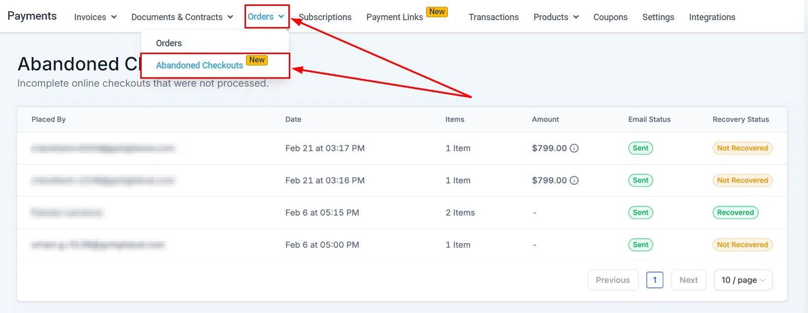 Growth360 Orders - abandoned checkout list