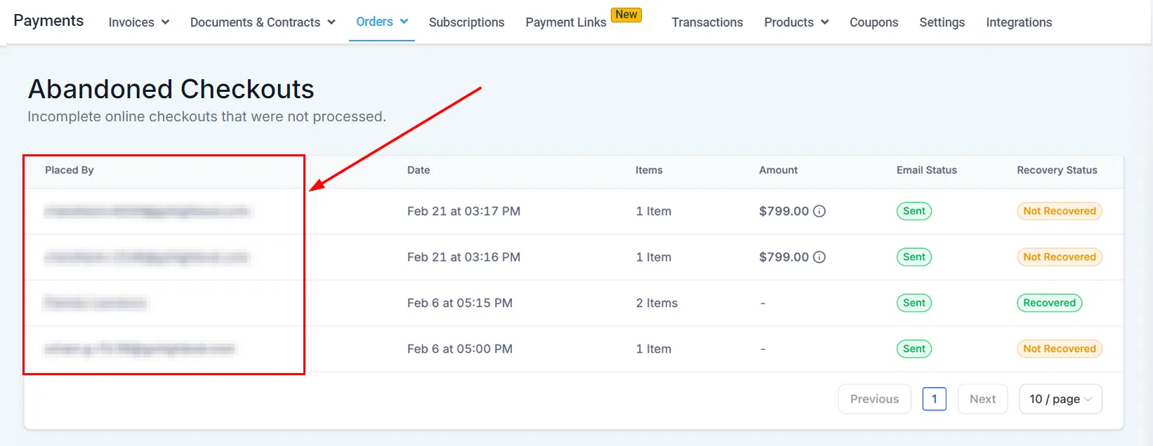 Growth360 Orders - abandoned checkout placed by column
