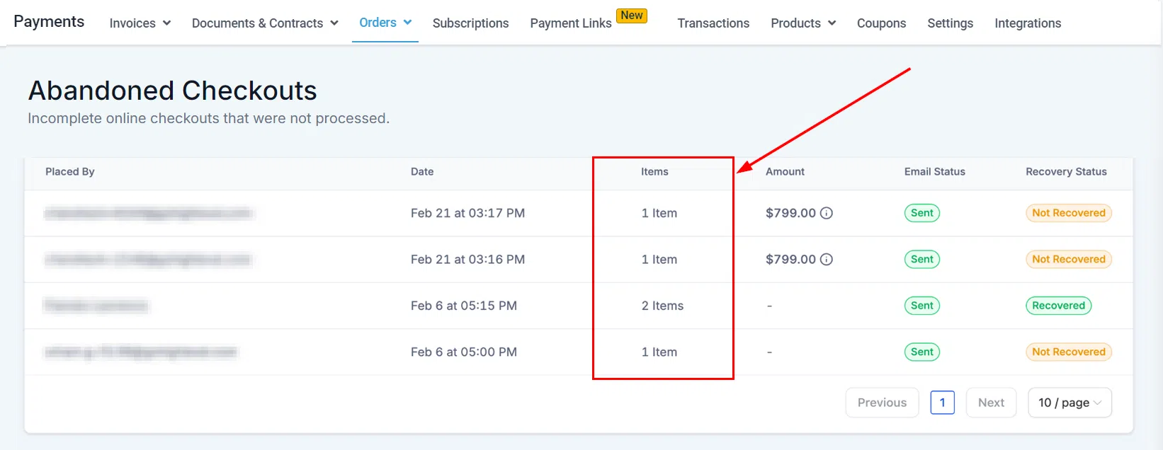 Growth360 Orders - abandoned checkout items column
