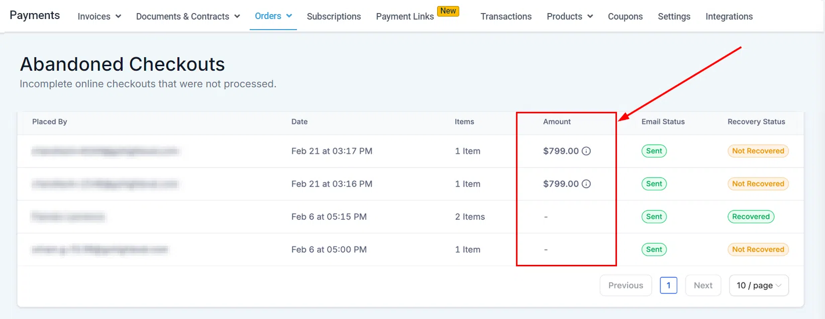 Growth360 Orders - abandoned checkout amount column