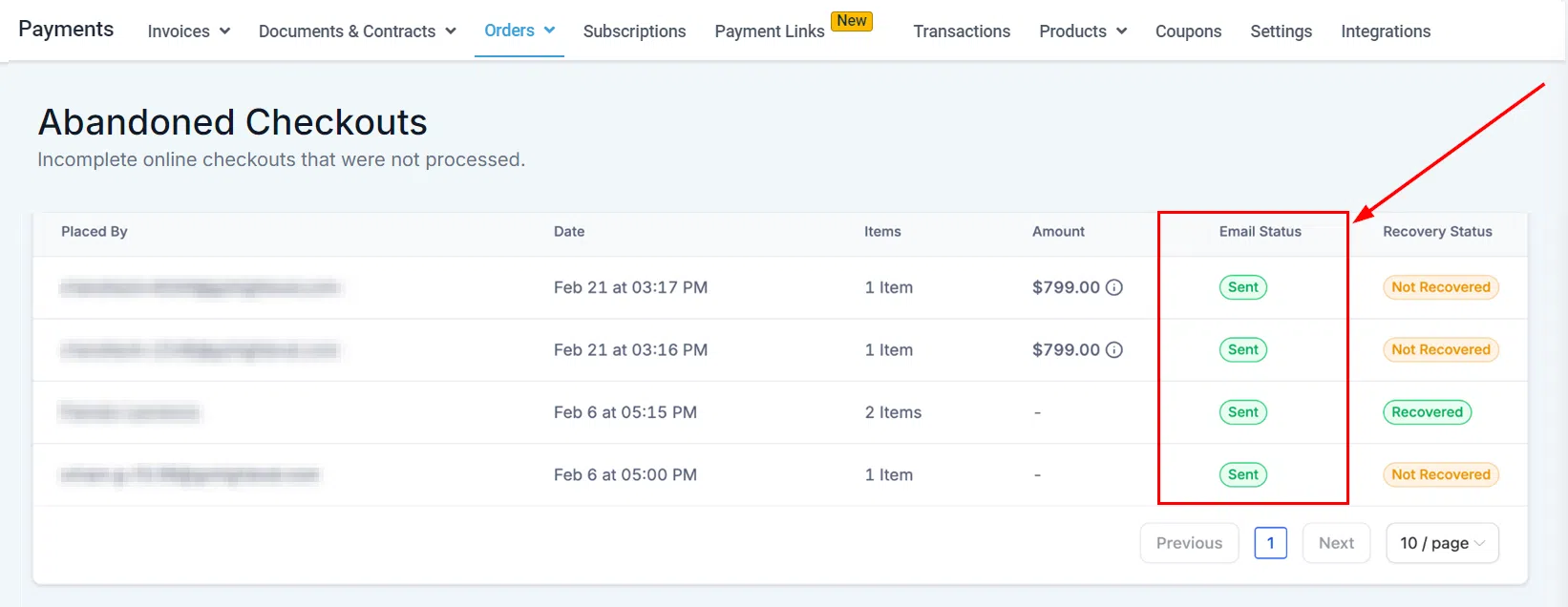 Growth360 Orders - abandoned checkout email status
