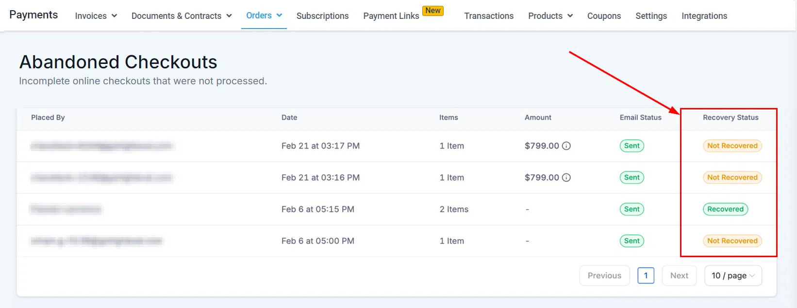 Growth360 Orders - abandoned checkout recovery status