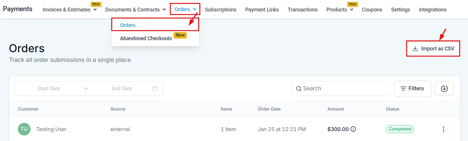 Growth360 Orders - import as CSV button