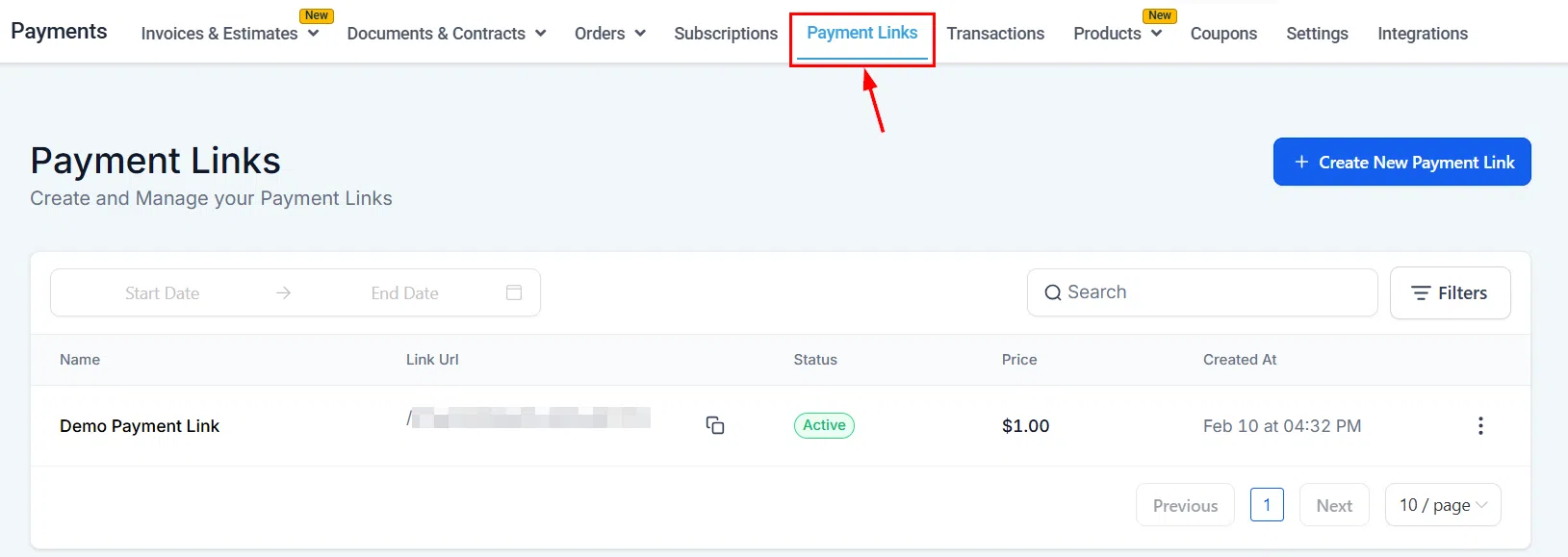 Growth360 Payment Links - payment links tab