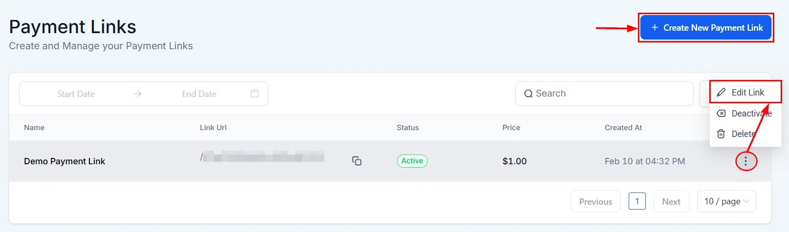 Growth360 Payment Links - copy/send button on a link