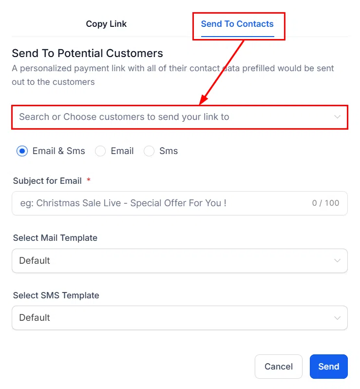 Growth360 Payment Links - selecting contacts