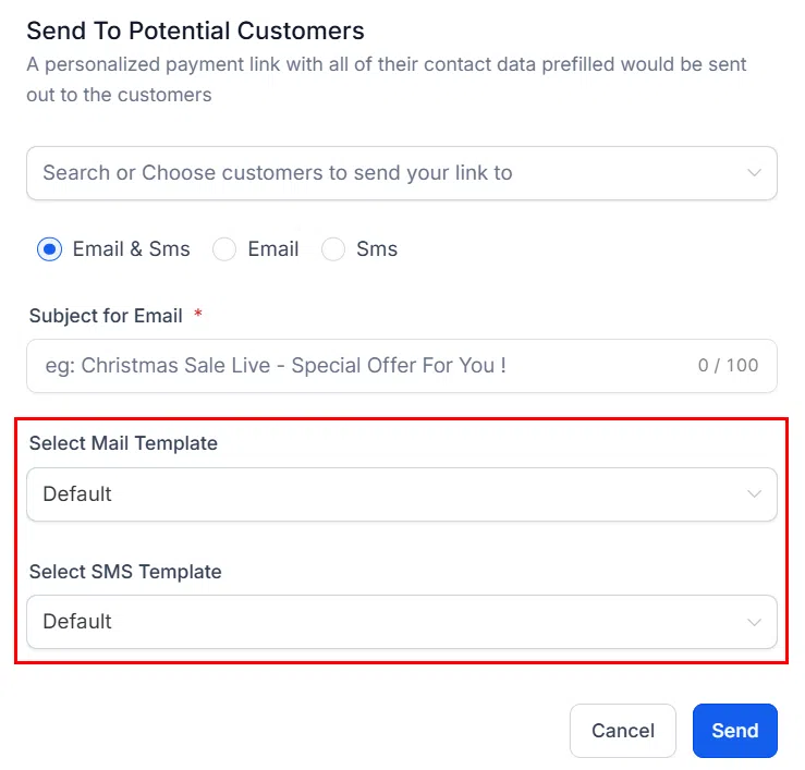 Growth360 Payment Links - selecting a message template