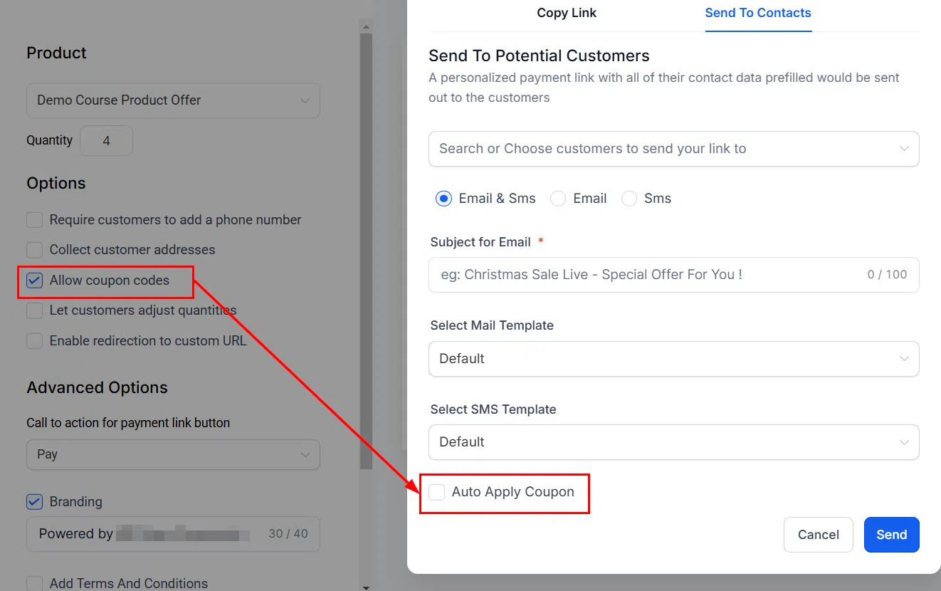 Growth360 Payment Links - applying a coupon code
