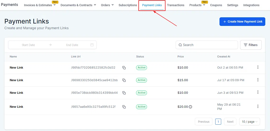 Growth360 Payment Links - dashboard overview