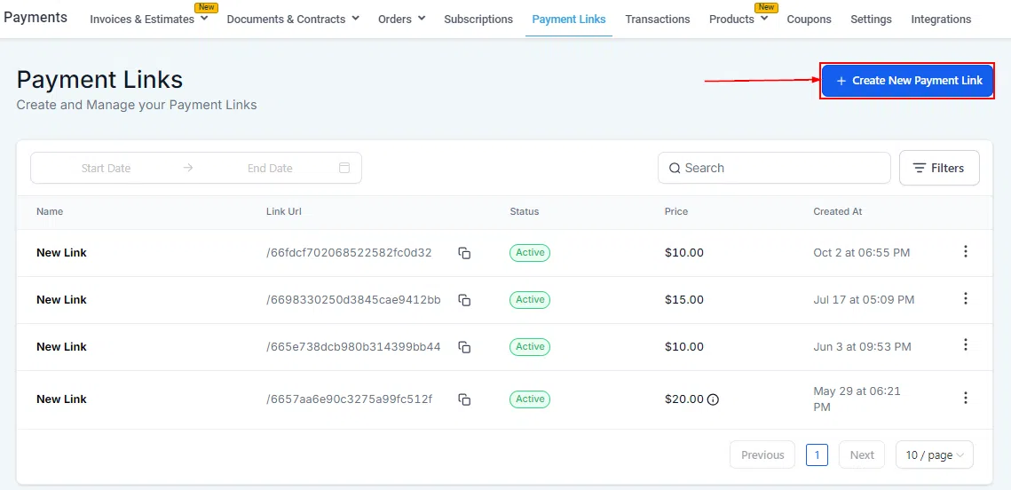Growth360 Payment Links - create new button