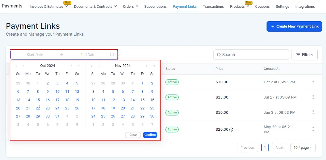 Growth360 Payment Links - date picker filter