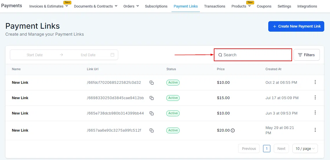 Growth360 Payment Links - search bar
