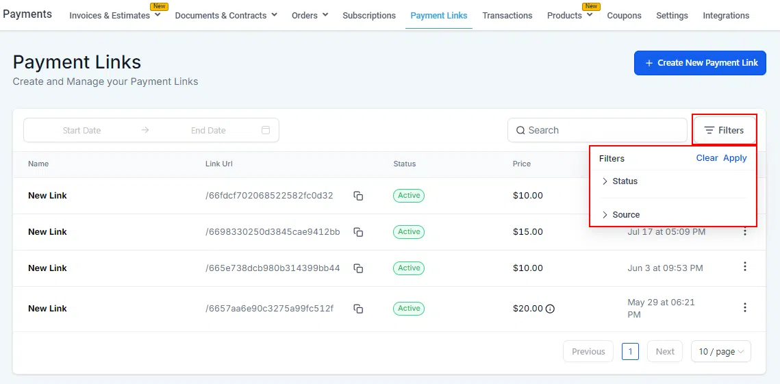 Growth360 Payment Links - status and source filters