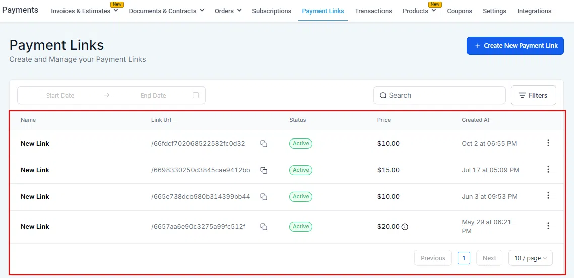 Growth360 Payment Links - links table