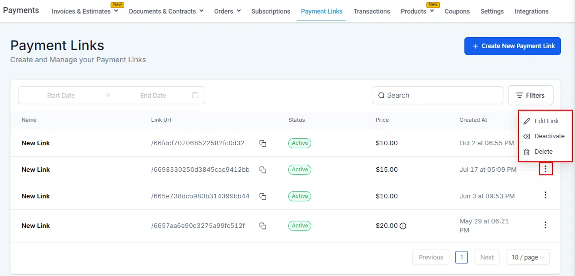 Growth360 Payment Links - actions menu