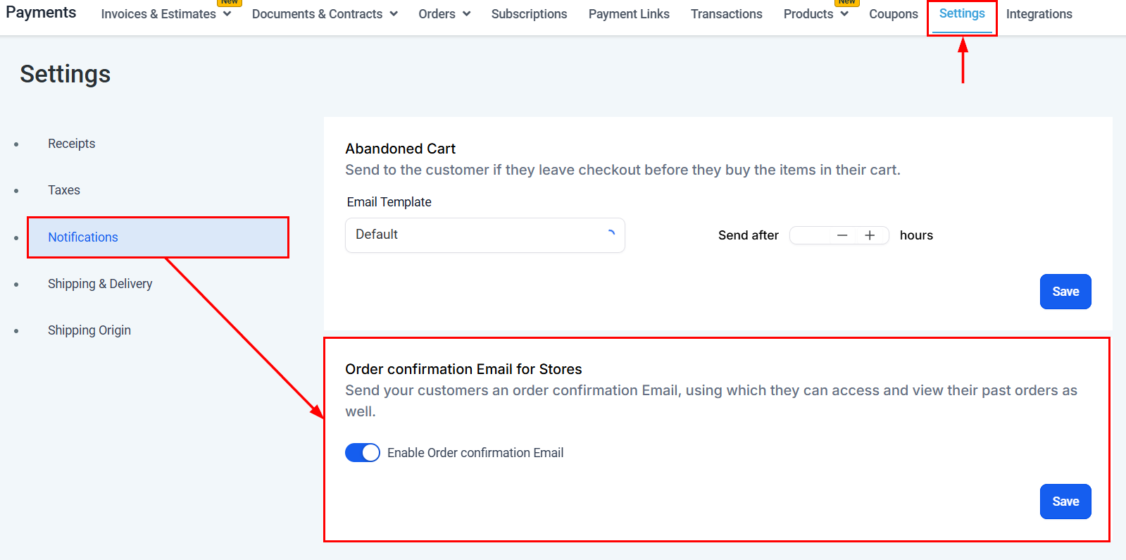 Growth360 Products - digital delivery notification settings