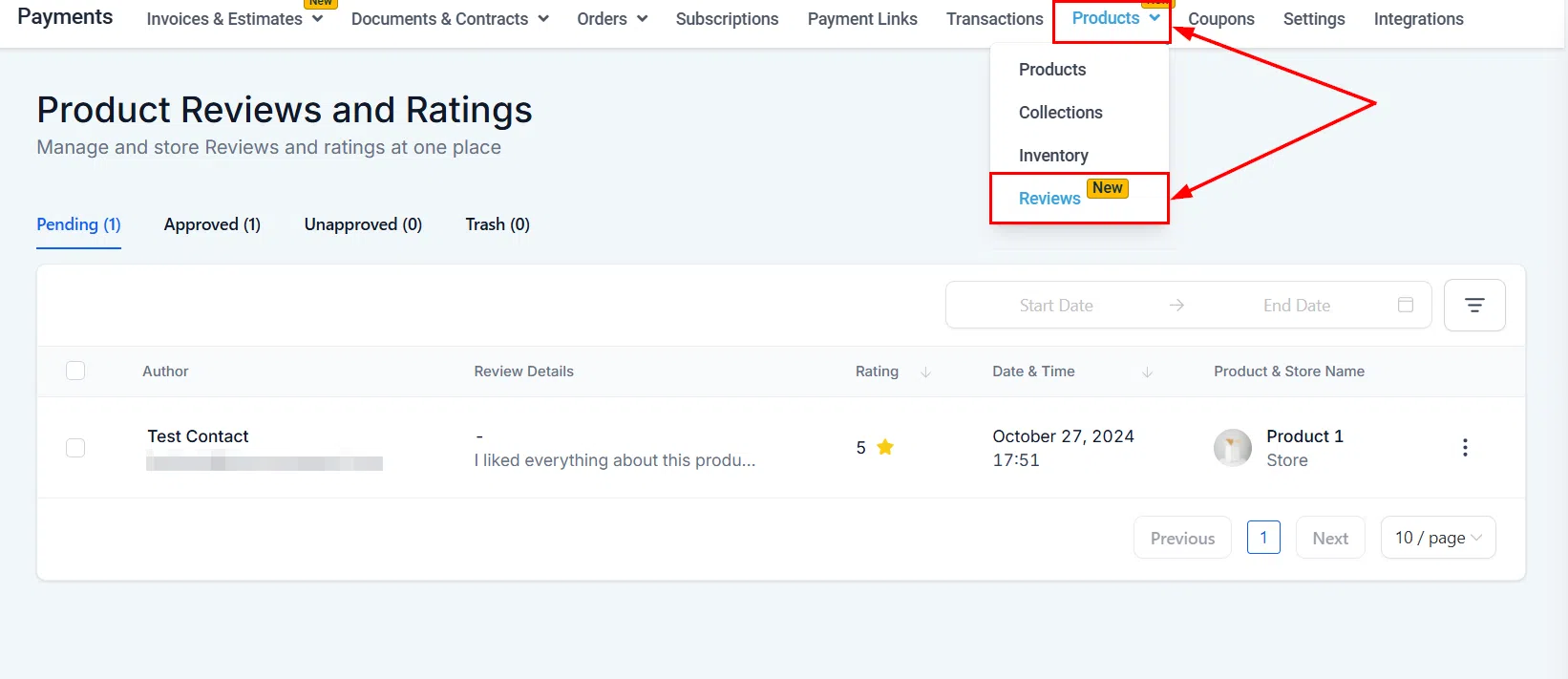 Growth360 Products - reviews management section