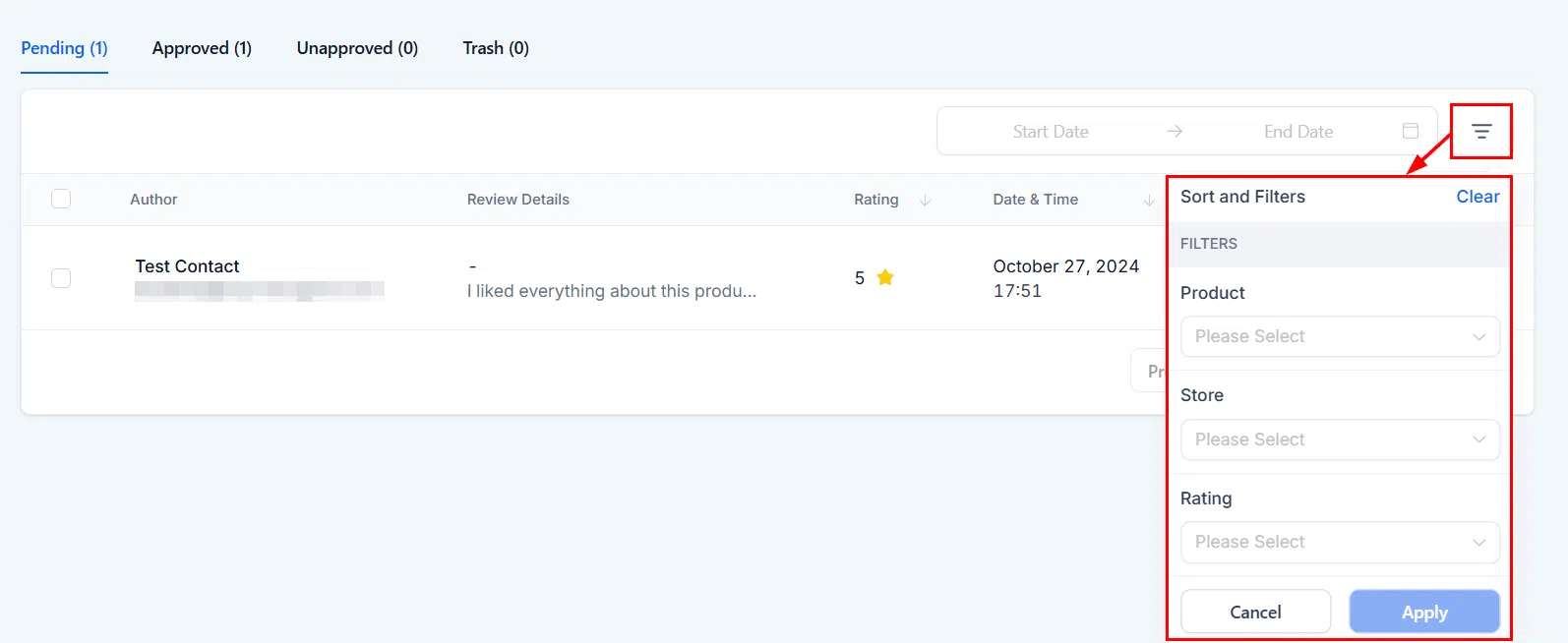 Growth360 Products - reviews sort and filter options