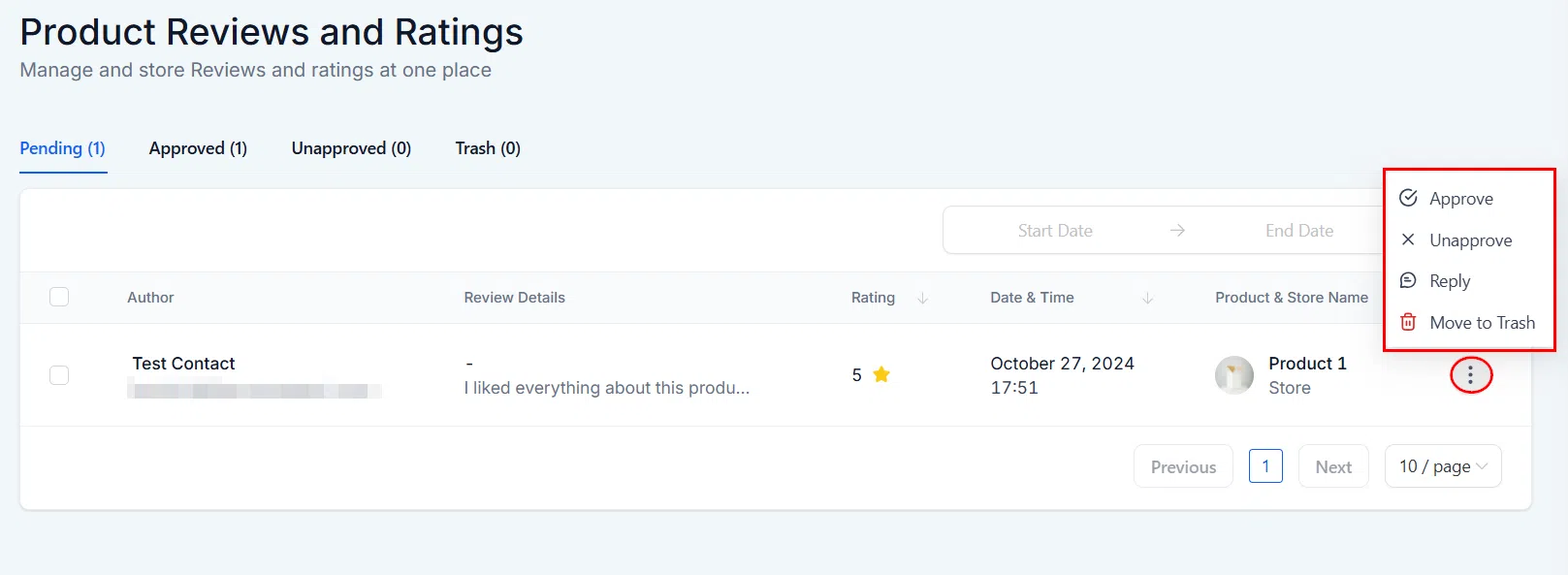 Growth360 Products - pending review actions menu