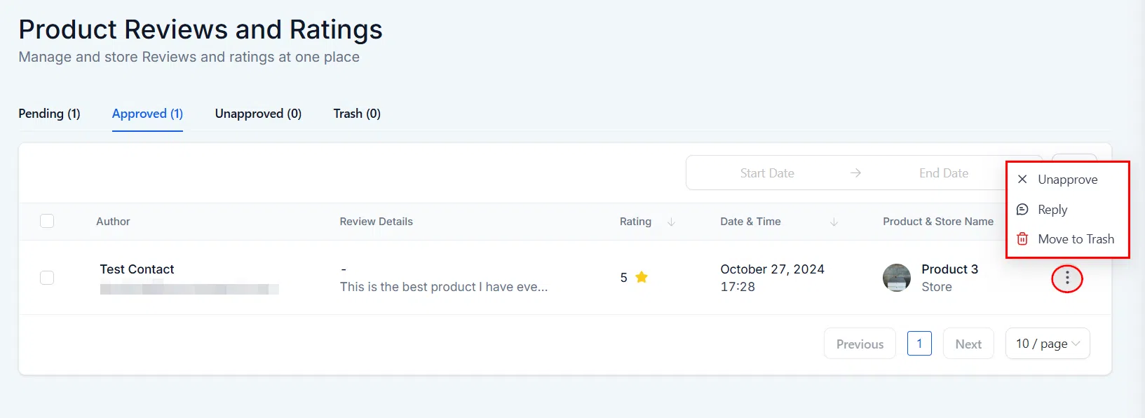Growth360 Products - approved review actions menu
