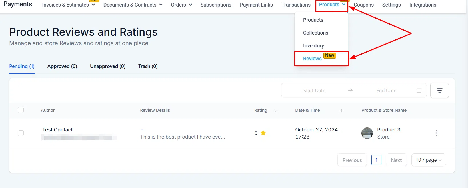 Growth360 Products - moderating reviews in payments section