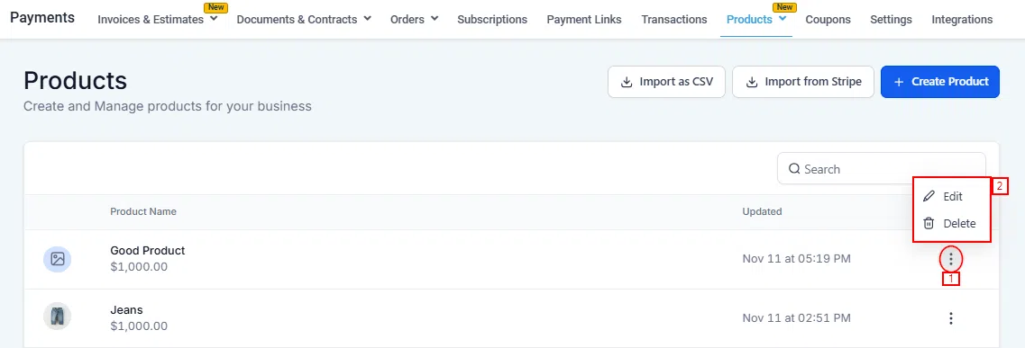 Growth360 Products - products list after import