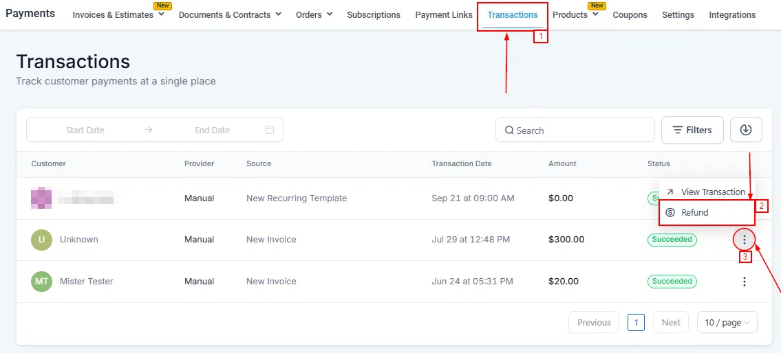 Growth360 Transactions - locating a transaction to refund
