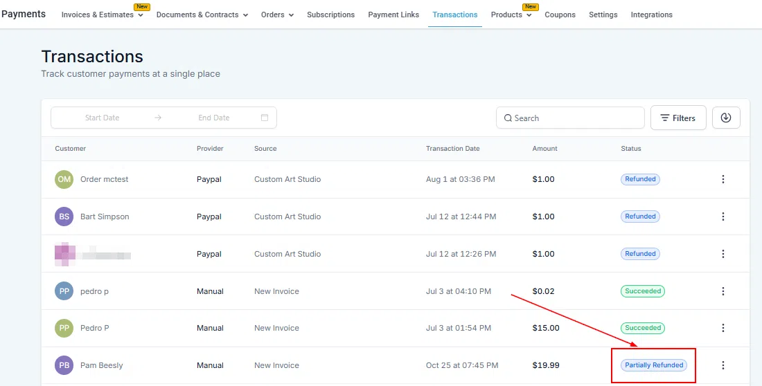 Growth360 Transactions - partial refund confirmed